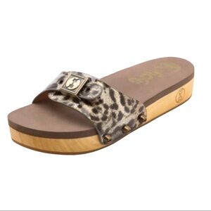 Flogg Nikita Clog Slides Flatform patent Leopard print wooden sole sandals 7.5